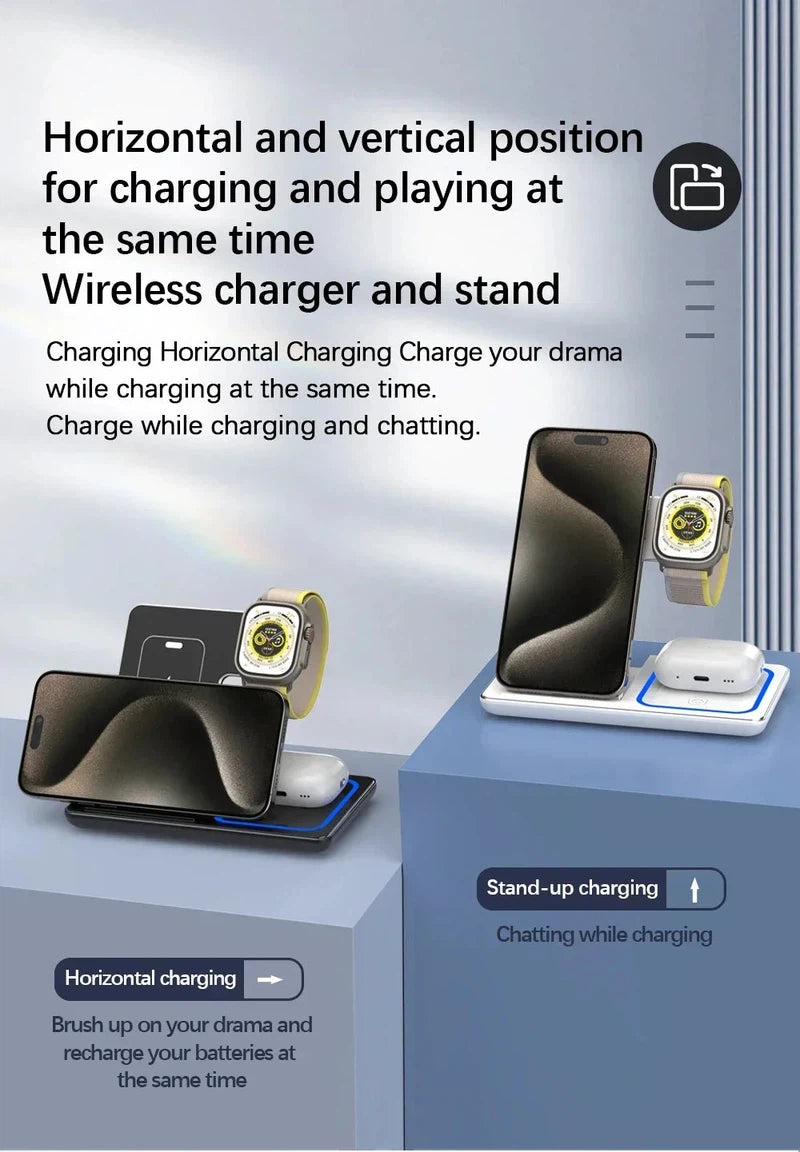 3-in-1 magnetic wireless charger stand for iPhone 15 14 13 12, Apple Watch 8 7, and AirPods Pro.