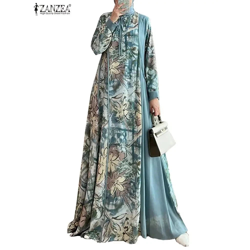 Abaya Muslim Fashion Long Sleeve O Neck Abaya Robes ZANZEA Women Elegant Floral Printed Patchwork Long Dresses