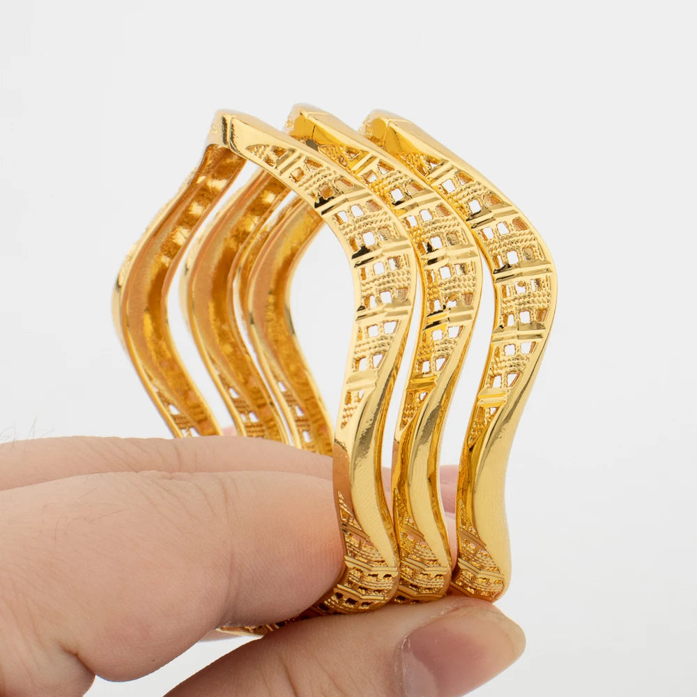 Gold Color Jewelry 3Pcs/lot Bangles with Ring Set Hand Bracelet Cocktail