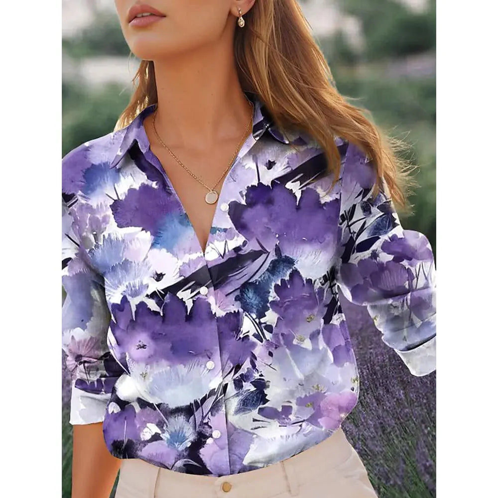 Women's Long Sleeve Shirt 3D Flower Printed Button Long Sleeve Tops Women's Blouse For Office Lady Clothing