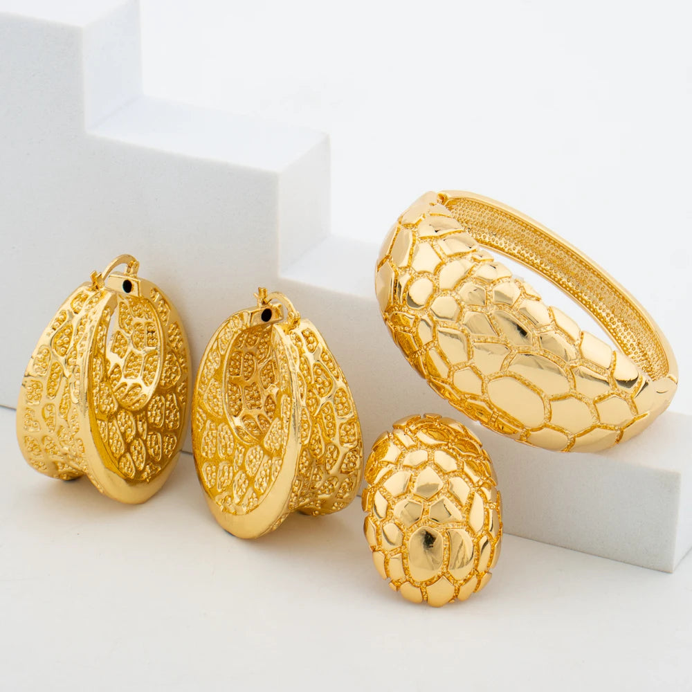 Golden Plated Dangle Earring and Bangle Ring Jewelry Set Bride Jewelry Set
