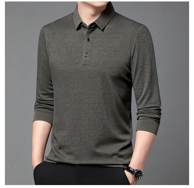 Men's Polo Shirt Hollow Printing Lapel Long-sleeved Business Fashion Male T-Shirt Golf Bottoming Shirt Top