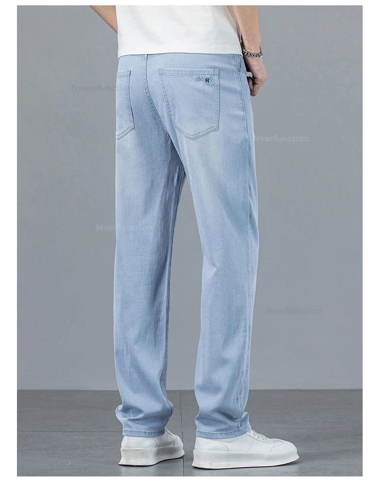 Men's Jean Pant Ultra-thin Light Blue Lyocell Fabric Breathable Loose Straight Business Casual Male Denim Trousers