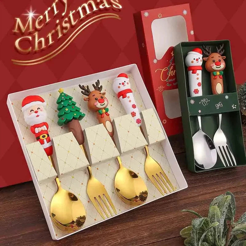 Christmas cutlery set with creative cartoon doll handles, featuring dessert spoons and forks in a festive gift box.