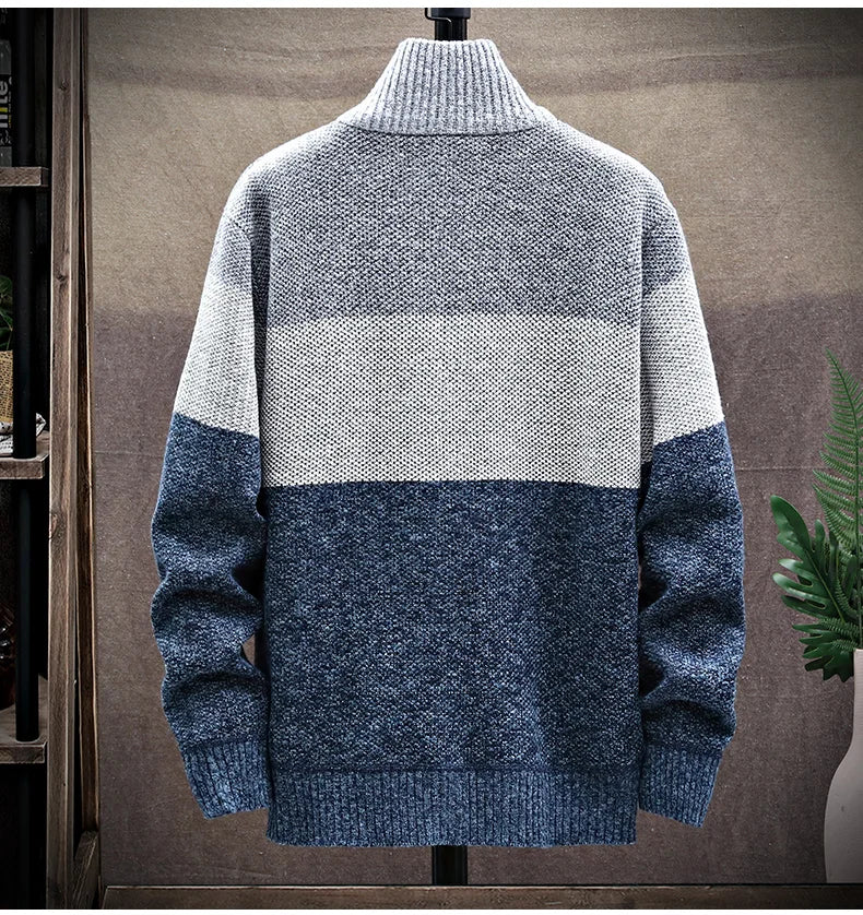 Cardigan Sweater Men Autumn Winter Fleece Zipper Sweaters Velvet Contrast Striped Sweater Coats Casual Jackets