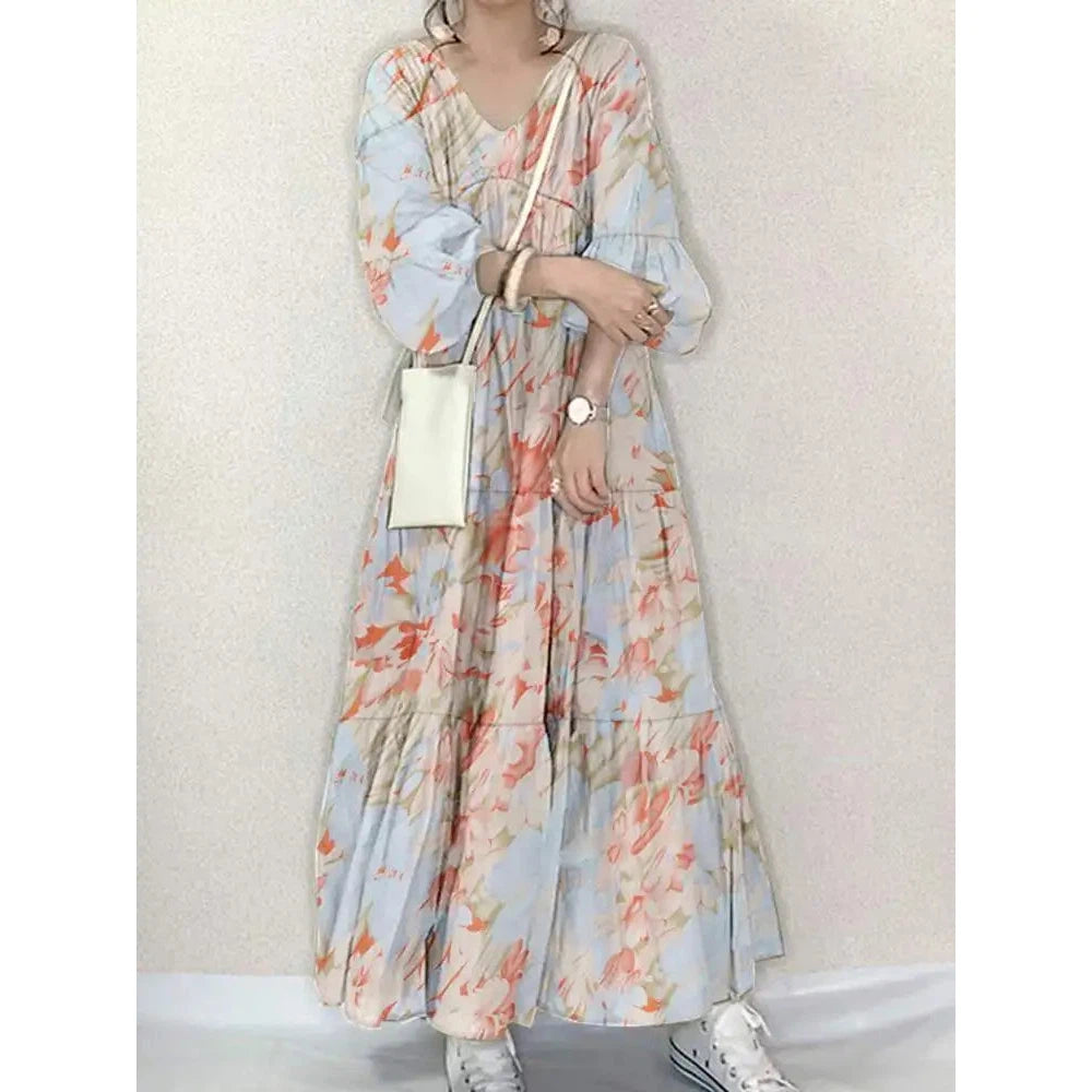 Women Long Causal Dress ZANZEA Fashion Floral Printed Autumn Long Sleeve Loose Holiday Sundress Robe