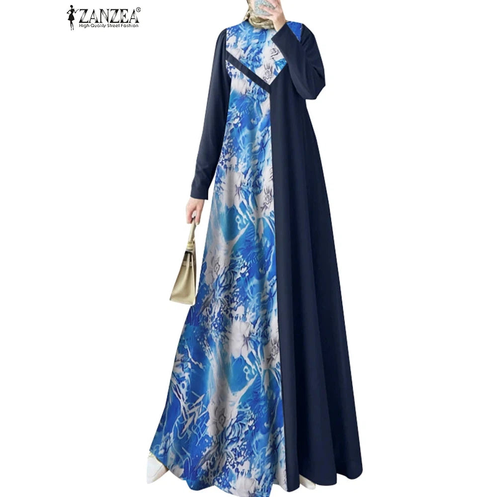 Abaya Muslim Fashion Long Sleeve O Neck Abaya Robes ZANZEA Women Elegant Floral Printed Patchwork Long Dresses