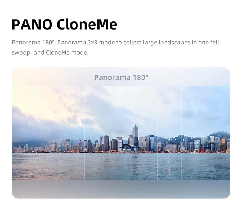 Pano CloneMe mode showcasing panorama 180° feature capturing a cityscape.