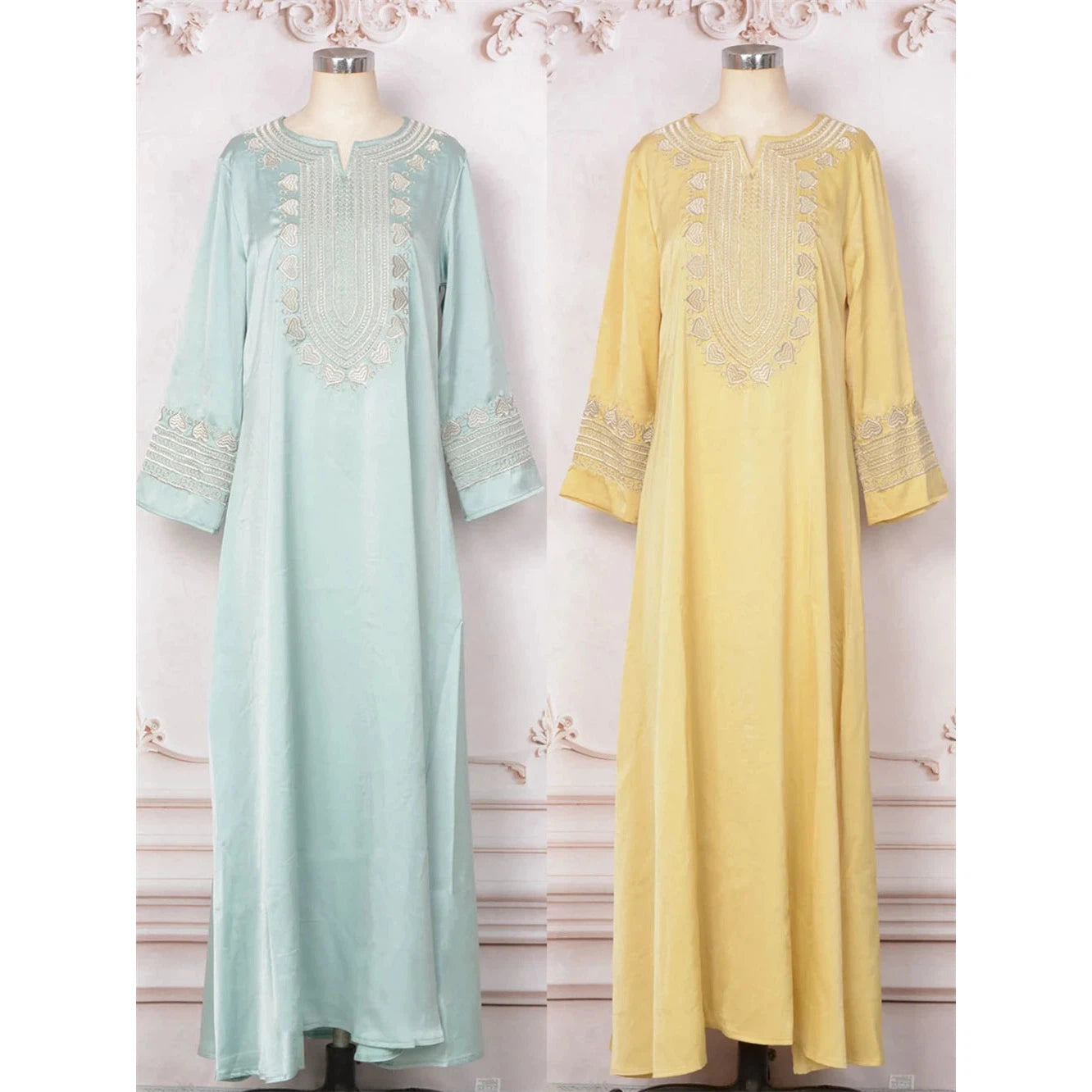 Maxi Dress with Delicate Lace Loose Fitting Modest Arabic Women's Casual Robe Long Sleeves