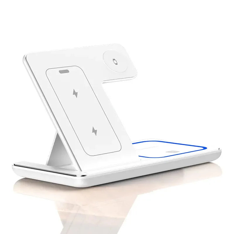 30W magnetic wireless charger stand for iPhone 12-15 Pro Max, Apple Watch 7-8, Airpods Pro 3, in white, with LED light and cooling fan.