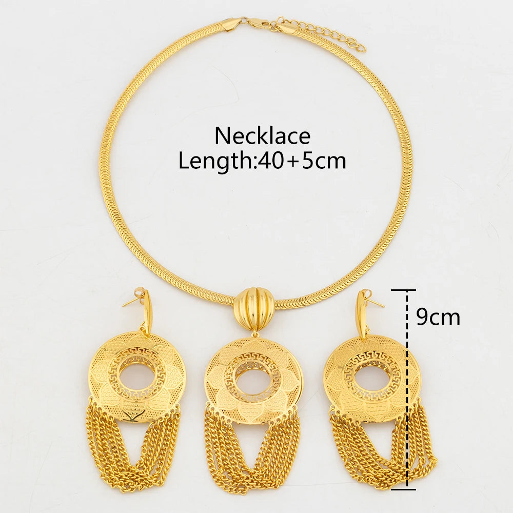 Gold Plated Jewelry Set for Women Dangle Earrings and Pendant Necklace with Bracelet Ring Set