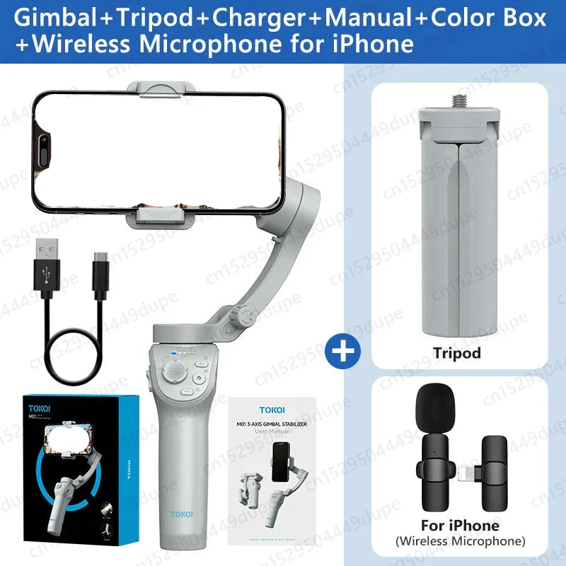 Gimbal Stabilizer with Fill Light for Smartphone, includes tripod, charger, manual, color box, and wireless microphone for iPhone, 3-axis anti-shake, foldable design for Android and vlogging.