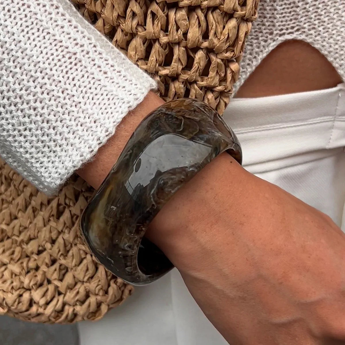 KMVEXO Vintage Chunky Coffee Thick Resin Acrylic Smudging Bangles Geometric Irregular Bangle Bracelets