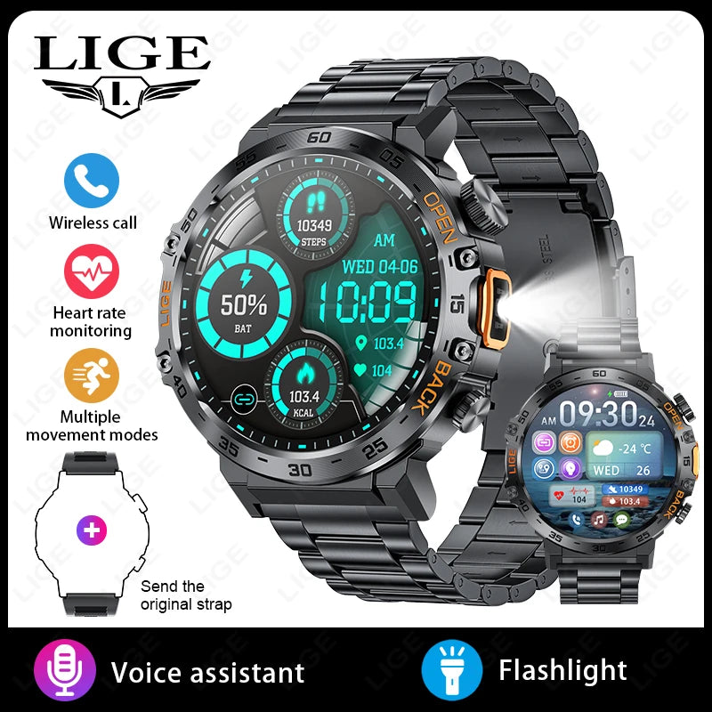 LIGE 2025 Smart Watch Men 360*360 AMOLED HD Screen Waterproof Sport Fitness Watches Flashlight