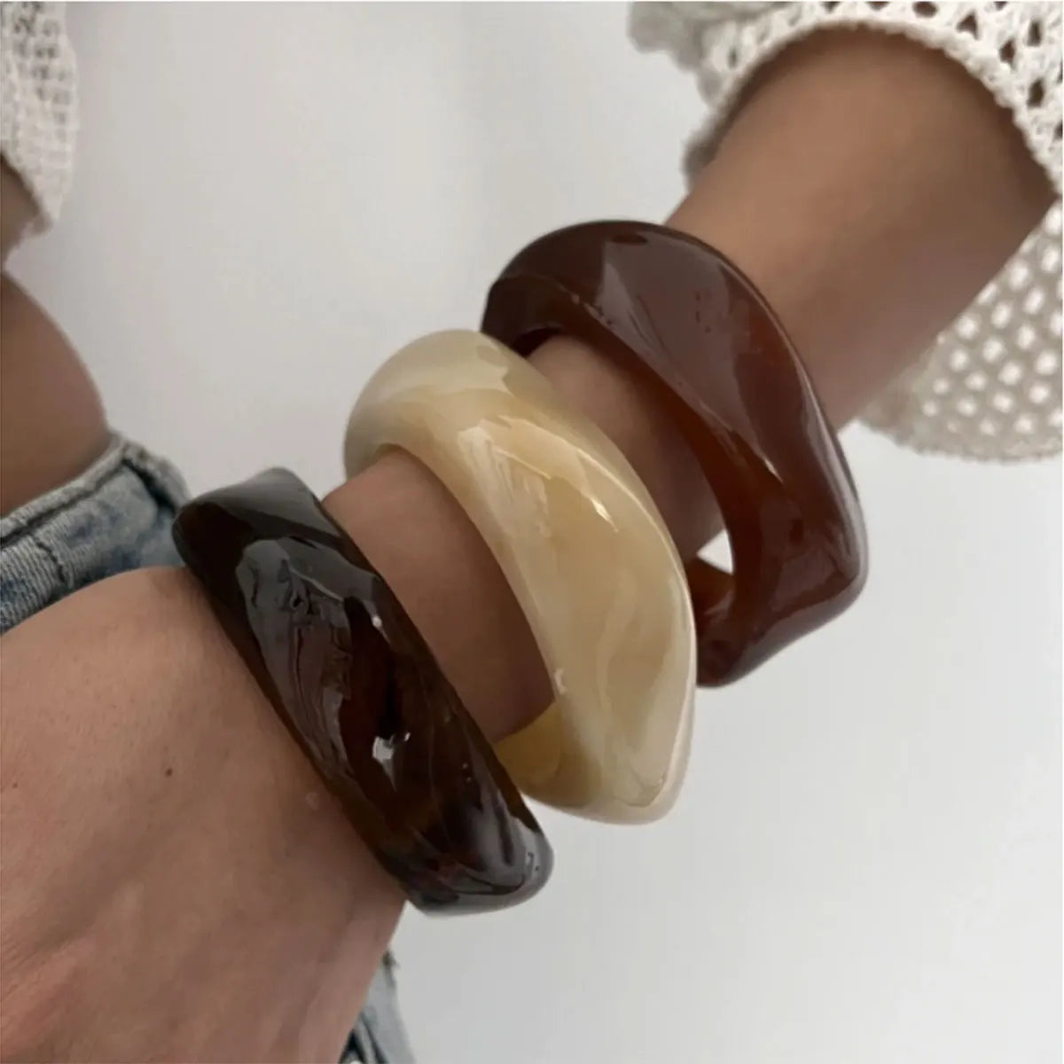 KMVEXO Vintage Punk Brown Coffee Thick Resin Acrylic Bangles Geometric Irregular Wide Cuff Bangle Bracelet