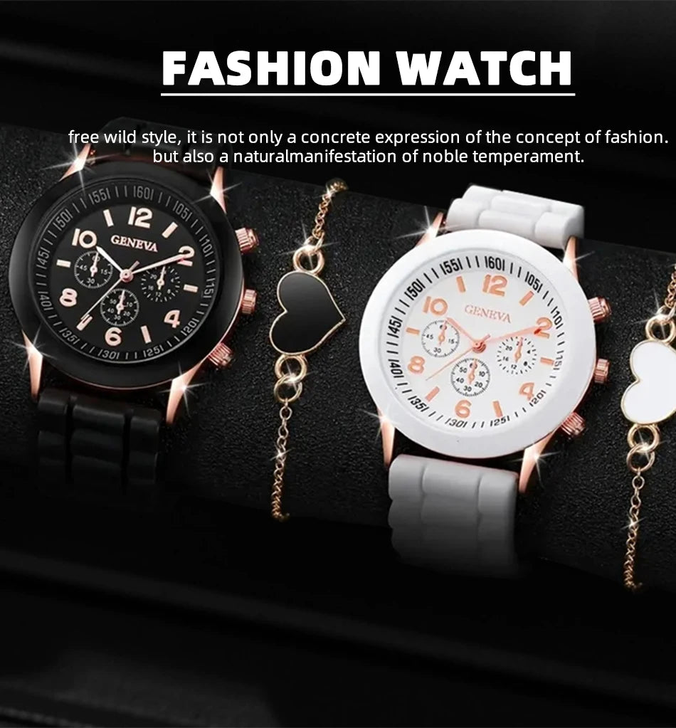 Women Quartz Watch in Silicon Strip in (4 Pcs Set, 2pcs Watch, & 2 pcs Bracelet) Watches Luxury Set