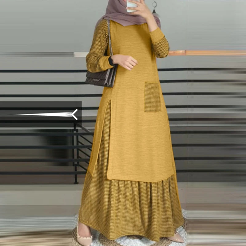 Abaya for Muslim Women Patchwork Long Sundress Robe ZANZEA Long Sleeve Vintage Muslim Plaid Dress