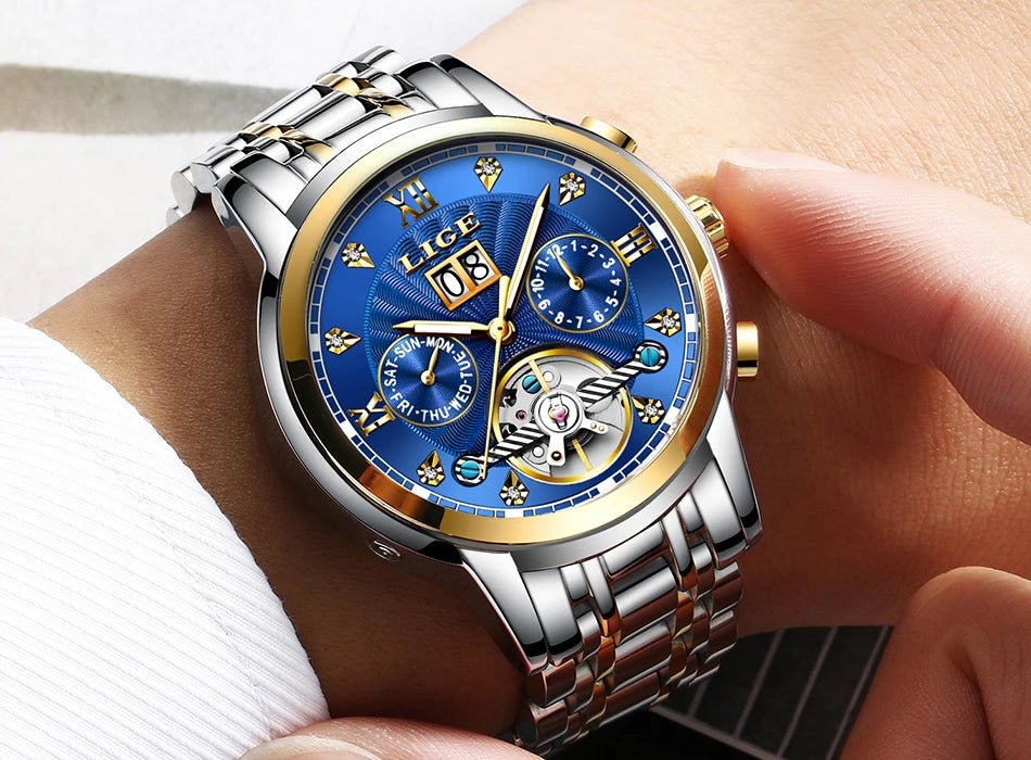 LIGE 2024 Top Brand Luxury Tourbillon Watch Men Fashion Sport Men's Mechanical Wristwatches Casual Waterproof Automatic Watch