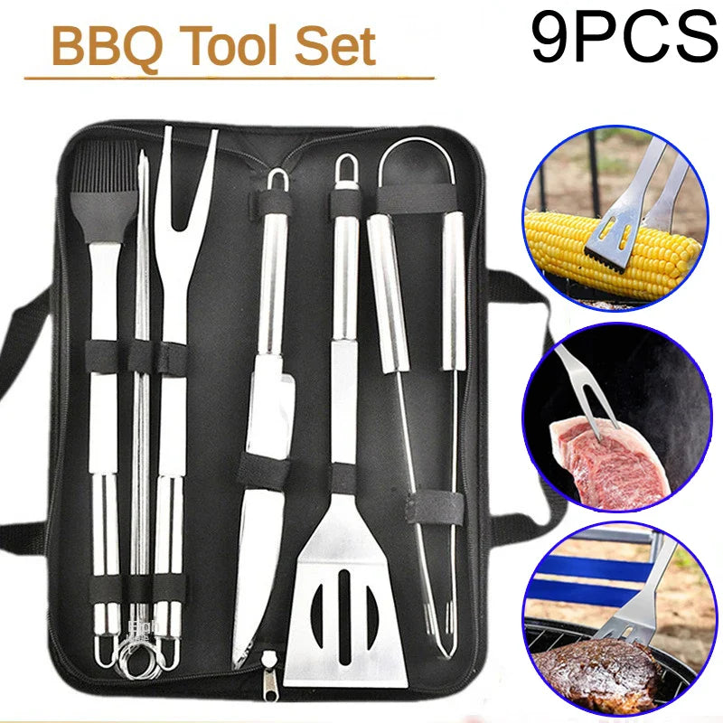 9-piece stainless steel barbecue tool set with carrying bag for outdoor grilling and picnics.