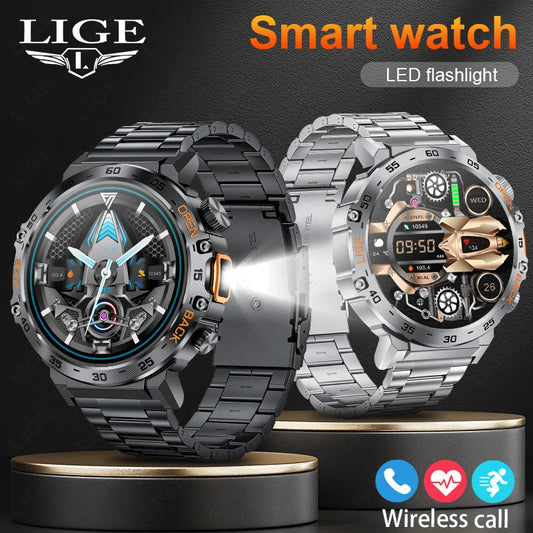 LIGE 2025 Smart Watch Men 360*360 AMOLED HD Screen Waterproof Sport Fitness Watches Flashlight