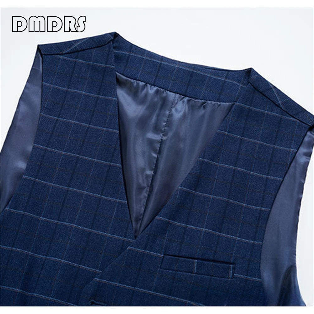 Men's Suit with Tuxedo Jacket Vest & Pants Three Pieces Tux Classy Slim Fit Suit Set for Navy Plaid Smart Formal Set and  Wedding Party Outfit (no shoes)