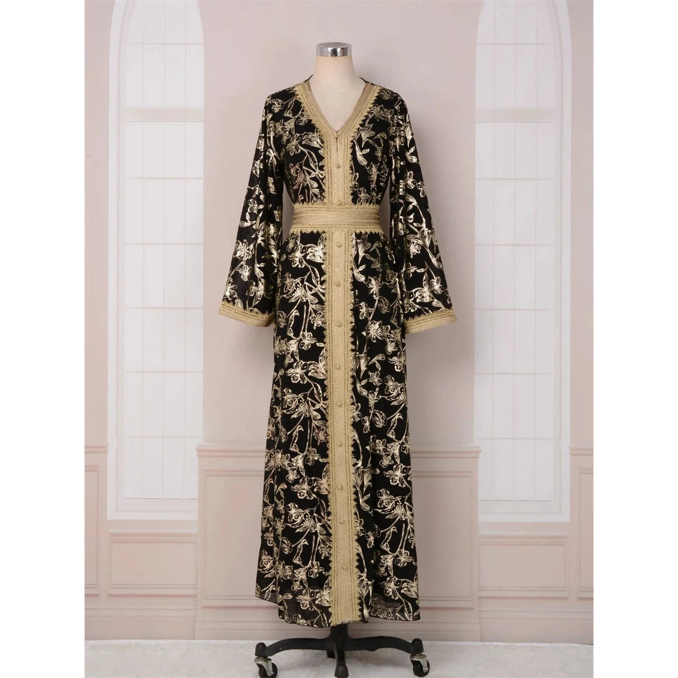 Long Gown Jalabiya Muslim & Arabic Women Dress, with Long Sleeves Floral Stamping V Neck Dresses