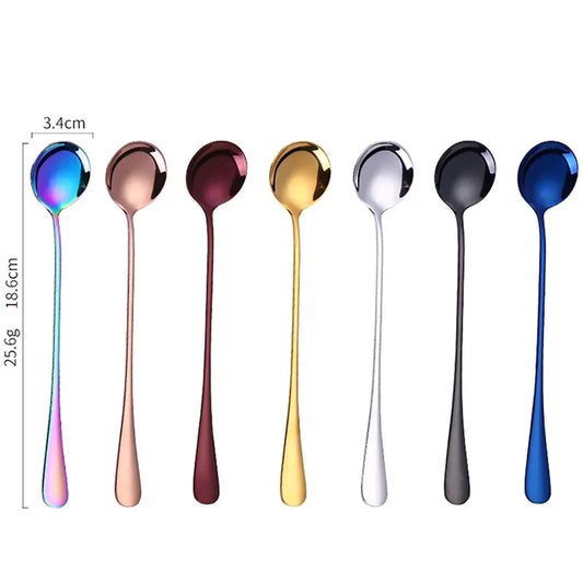 Colorful stainless steel long handle dessert spoons in a set of 6, ideal for coffee, tea, and ice cream.