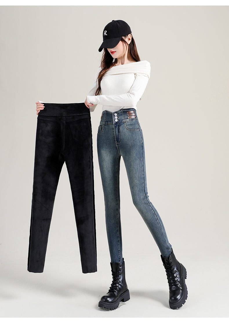 High Waist Women Jean Pant New Women's Fleece Jeans Winter Warm Thermal Slim Casual Velvet Elastic Pencil Trousers