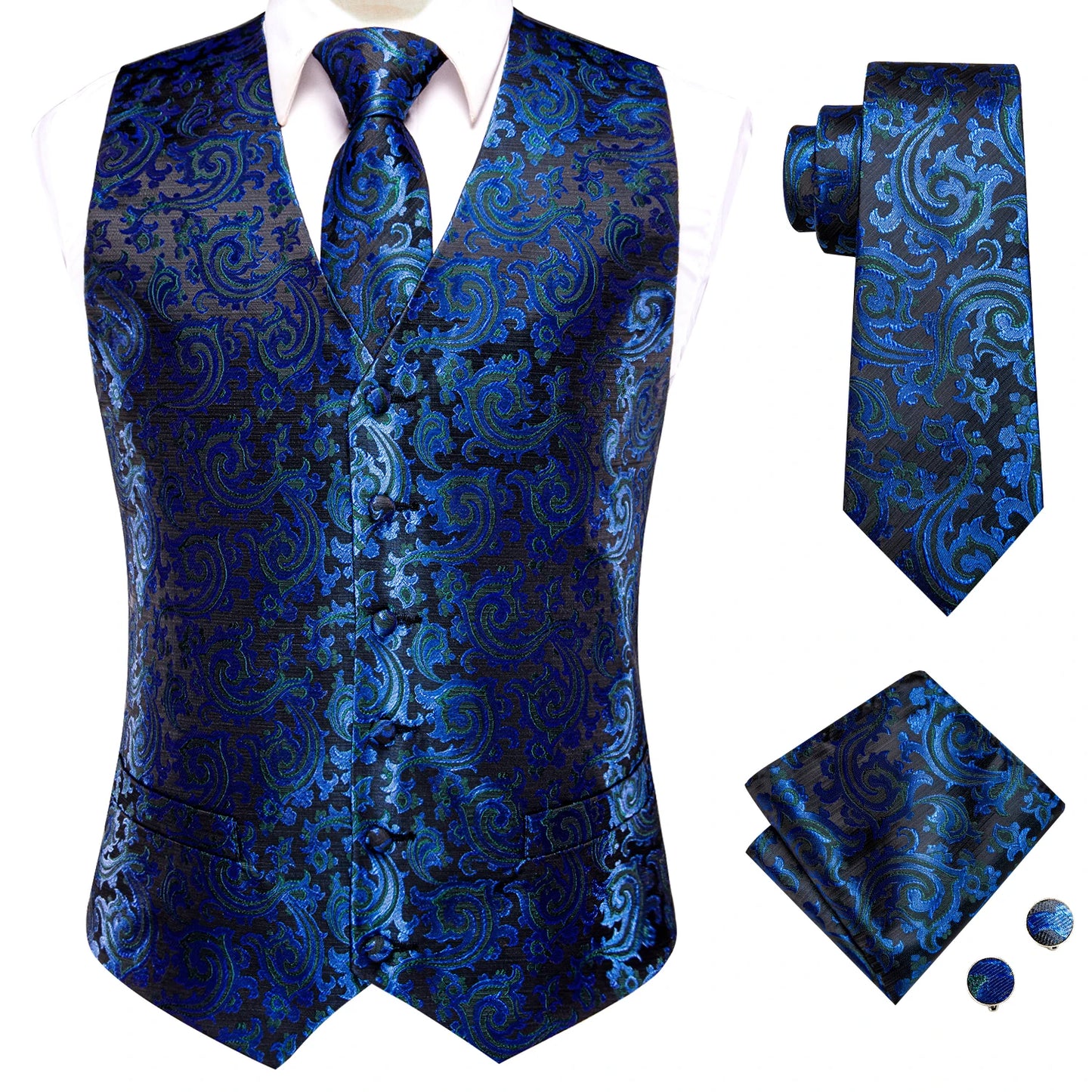 Men Suit Vest Hi-Tie Solid Voilet Lilac Silk 4PC Woven Waistcoat Tie Pocket Square Cufflink Business Wedding Dress Waist Jacket