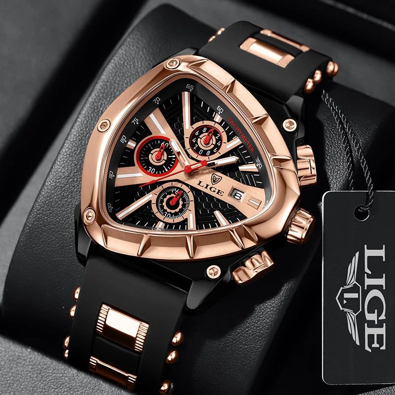 LIGE Fashion Men Watch Triangle Chronograph Military Wristwatch Sport Army Watches Luxury Waterproof Quartz Clock