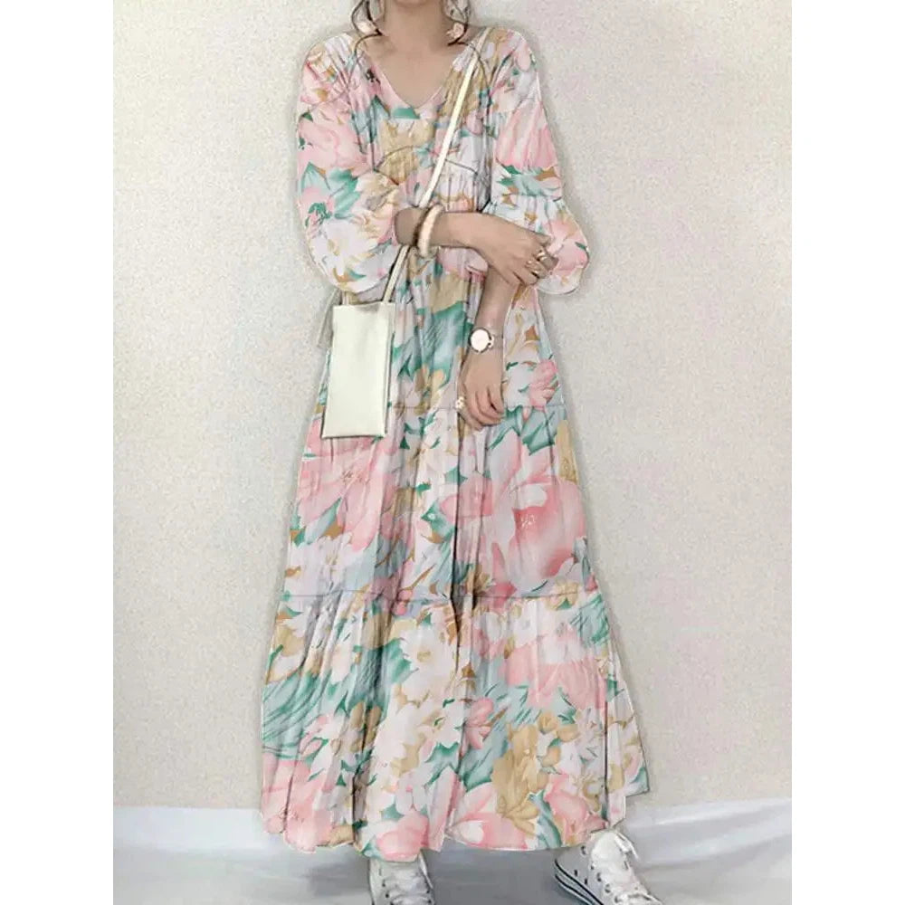 Women Long Causal Dress ZANZEA Fashion Floral Printed Autumn Long Sleeve Loose Holiday Sundress Robe