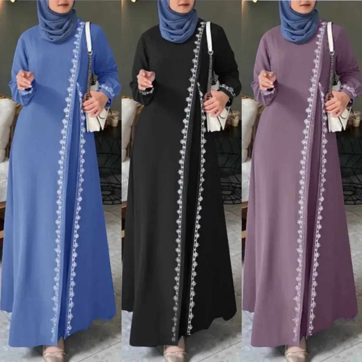 Abaya Muslim Fashion Long Sleeve O Neck Abaya Women Elegant Lace Patchwork Long Dresses