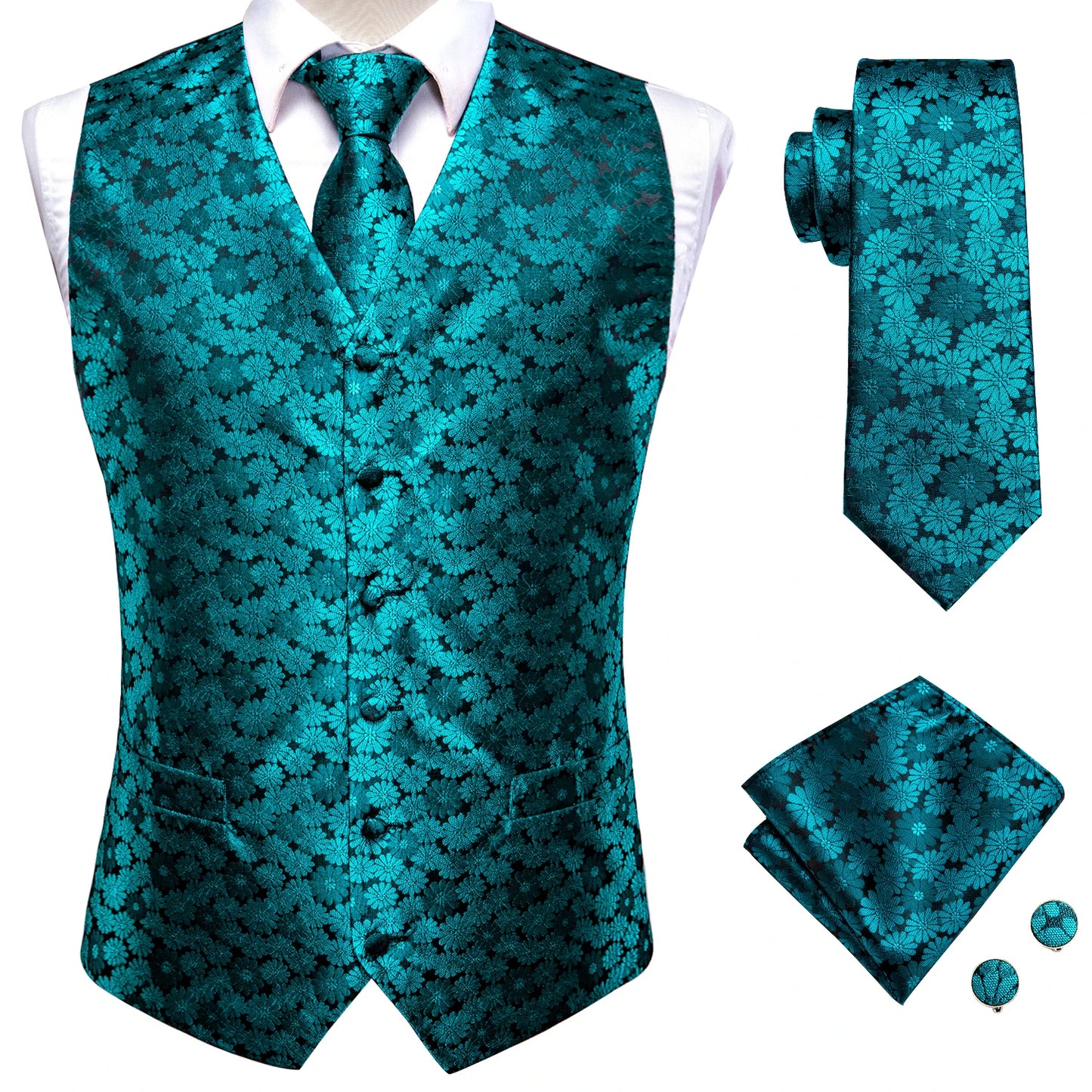 Men Suit Vests Hi-Tie Silk 4PC Woven Floral Black Waistcoat Tie Pocket Square Cufflink Business Wedding Dress Waist Jacket