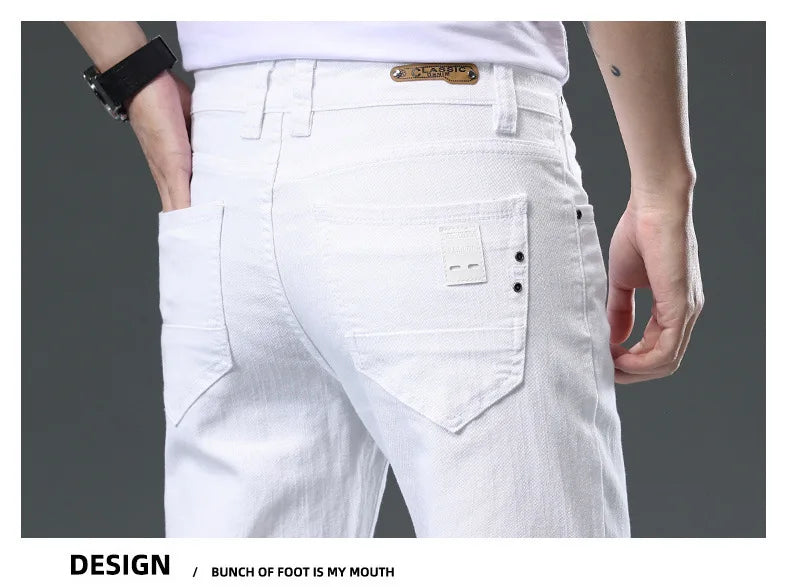 Men's Jean Slim Casual Jeans Pure White Stretch Straight Gentleman's Jeans Long Trousers Classic