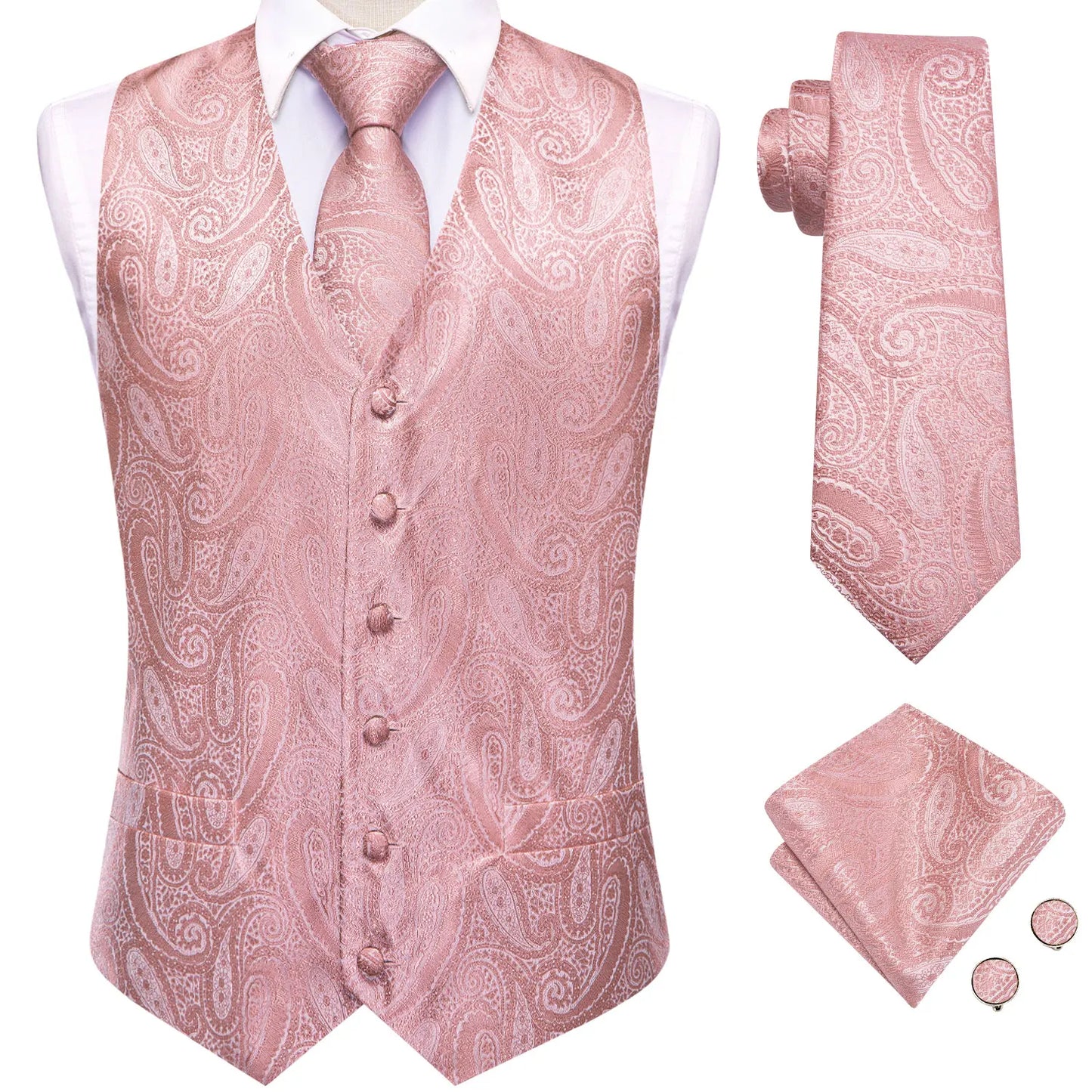 Men Suit Vest Hi-Tie Solid Voilet Lilac Silk 4PC Woven Waistcoat Tie Pocket Square Cufflink Business Wedding Dress Waist Jacket