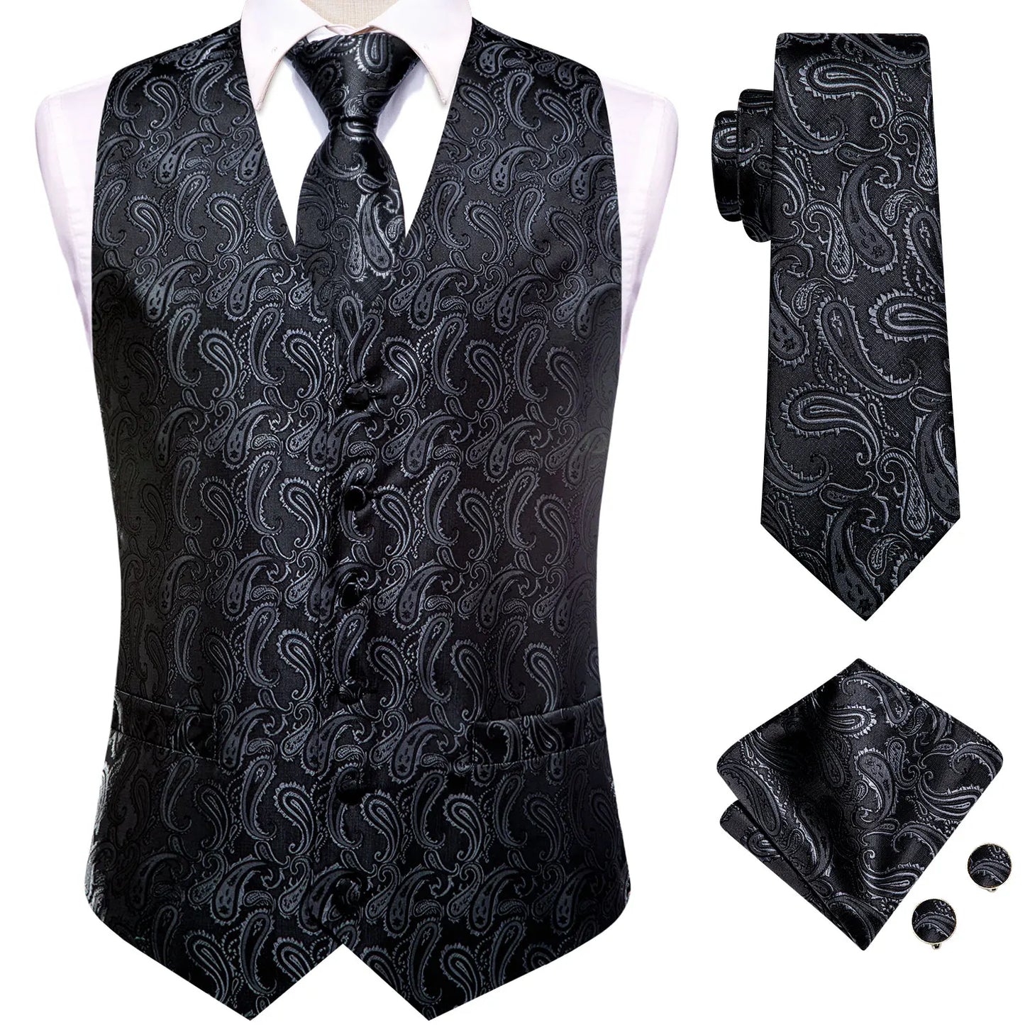 Men Suit Vests Hi-Tie Silk 4PC Woven Floral Black Waistcoat Tie Pocket Square Cufflink Business Wedding Dress Waist Jacket