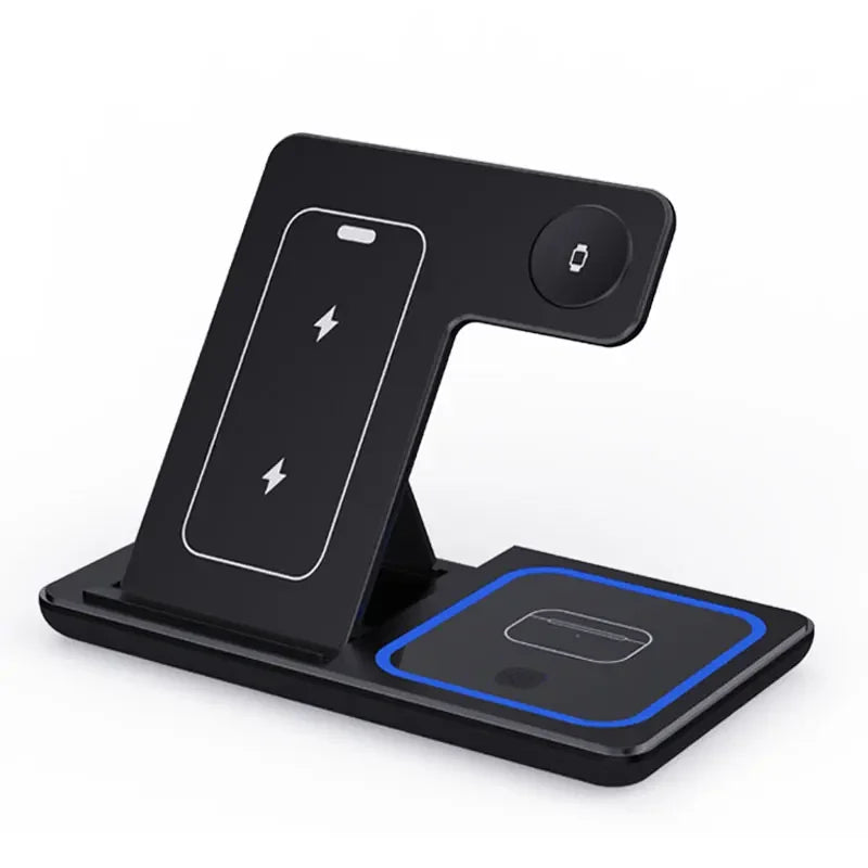 3-in-1 magnetic wireless charger stand for iPhone, Apple Watch, AirPods with fast charging, LED indicator, and Type-C connector.