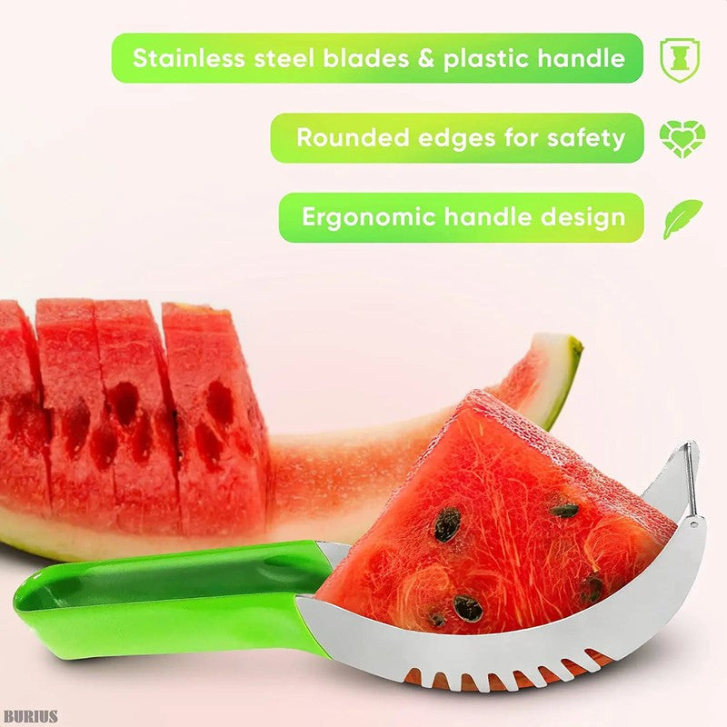 Watermelon slicer cutter with stainless steel blade and green non-slip handle, designed for safe fruit cutting without hurting hands.