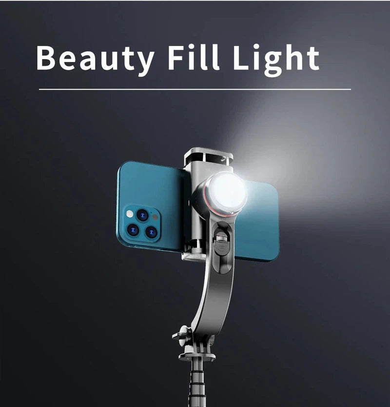 Selfie stick tripod with fill light and gimbal stabilizer, featuring a smartphone in use, highlighting the fill light function.