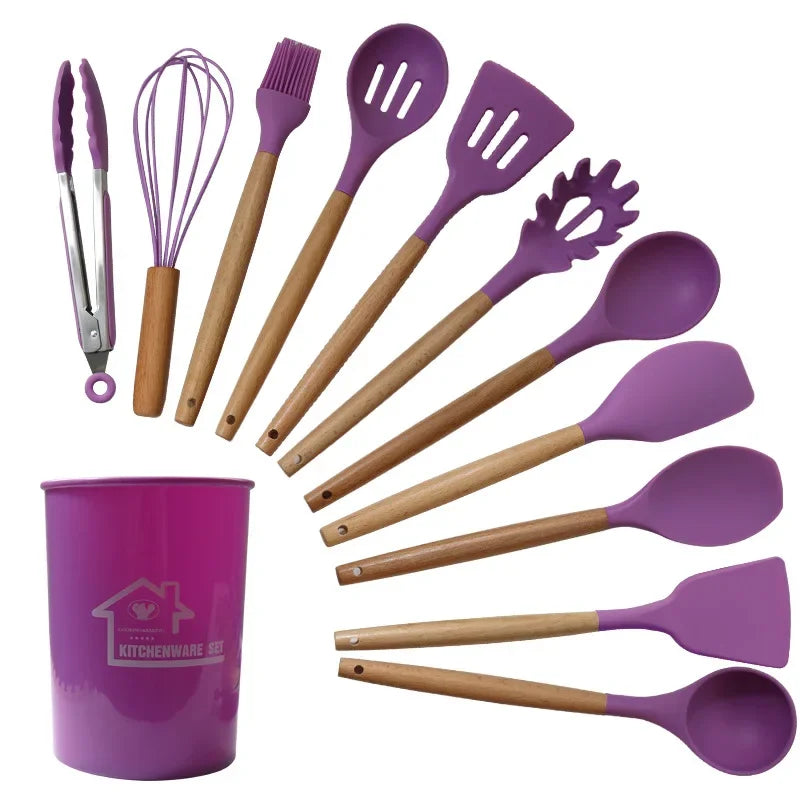 12-piece non-stick silicone kitchen utensils set with wooden handles, including spatulas and egg beaters.