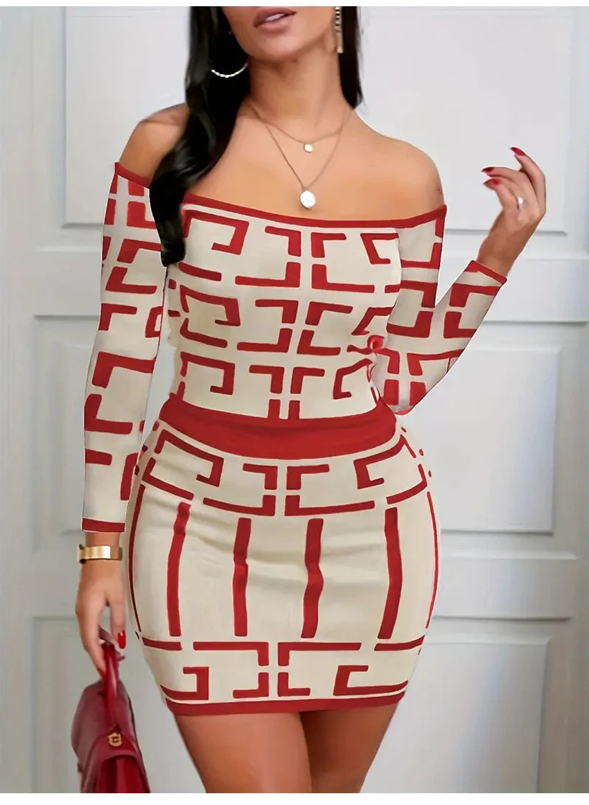 Women Fashion Two Piece Set  Off-Shoulder Top & High-Waisted Slim Skirt Outfit Clothing Chic Geometric Print