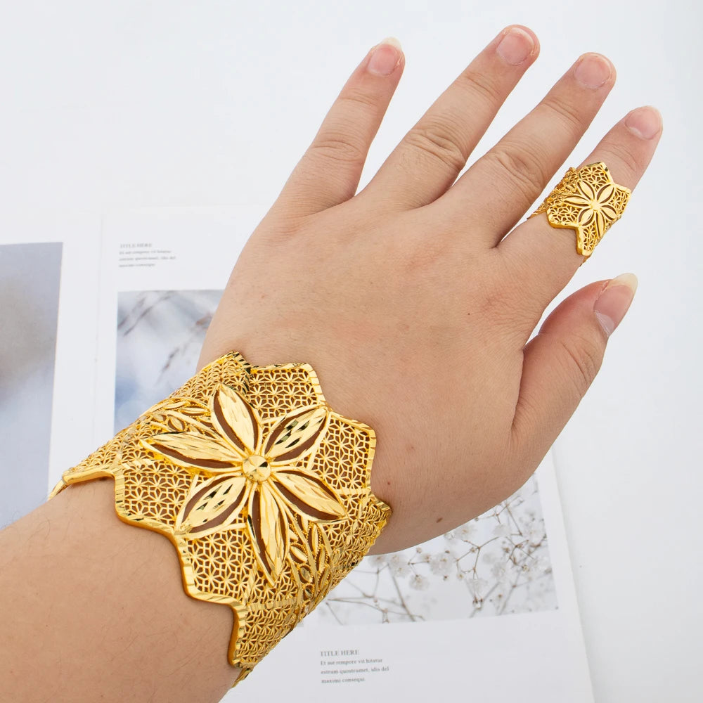 Gold Color Jewelry for Women Exaggerate Bangle Ring Set Cuff Bangle and Finger Ring Gift