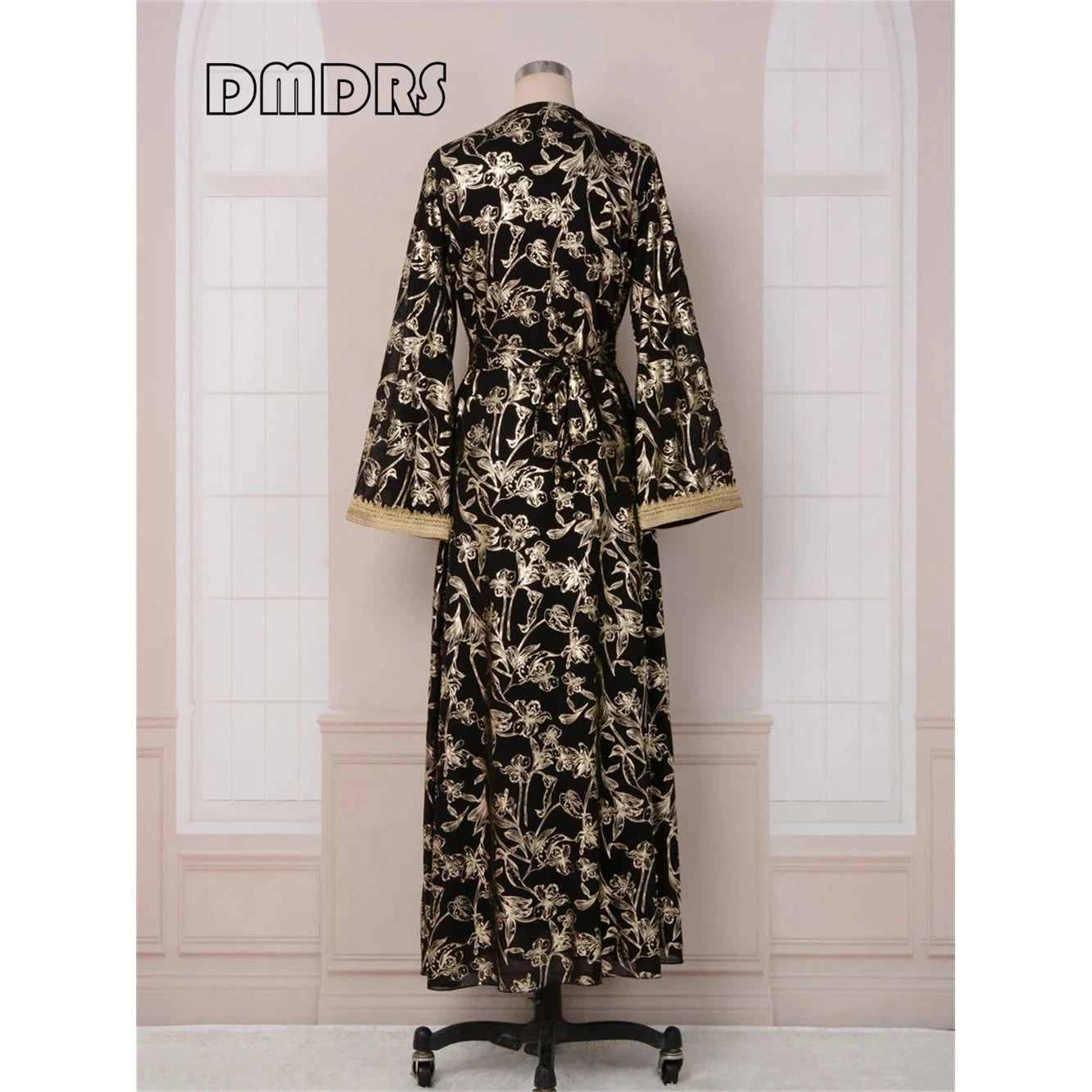 Long Gown Jalabiya Muslim & Arabic Women Dress, with Long Sleeves Floral Stamping V Neck Dresses