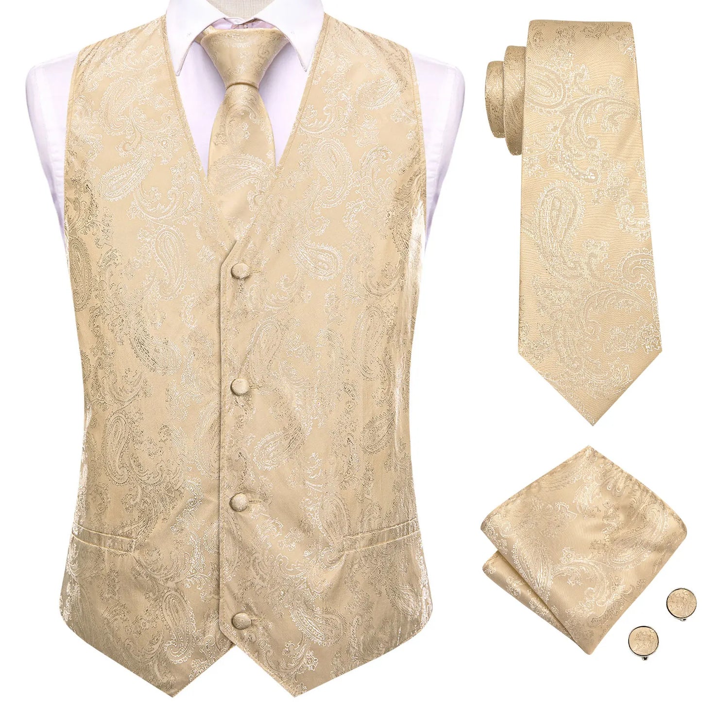 Men Suit Vests Hi-Tie Silk 4PC Woven Floral Black Waistcoat Tie Pocket Square Cufflink Business Wedding Dress Waist Jacket