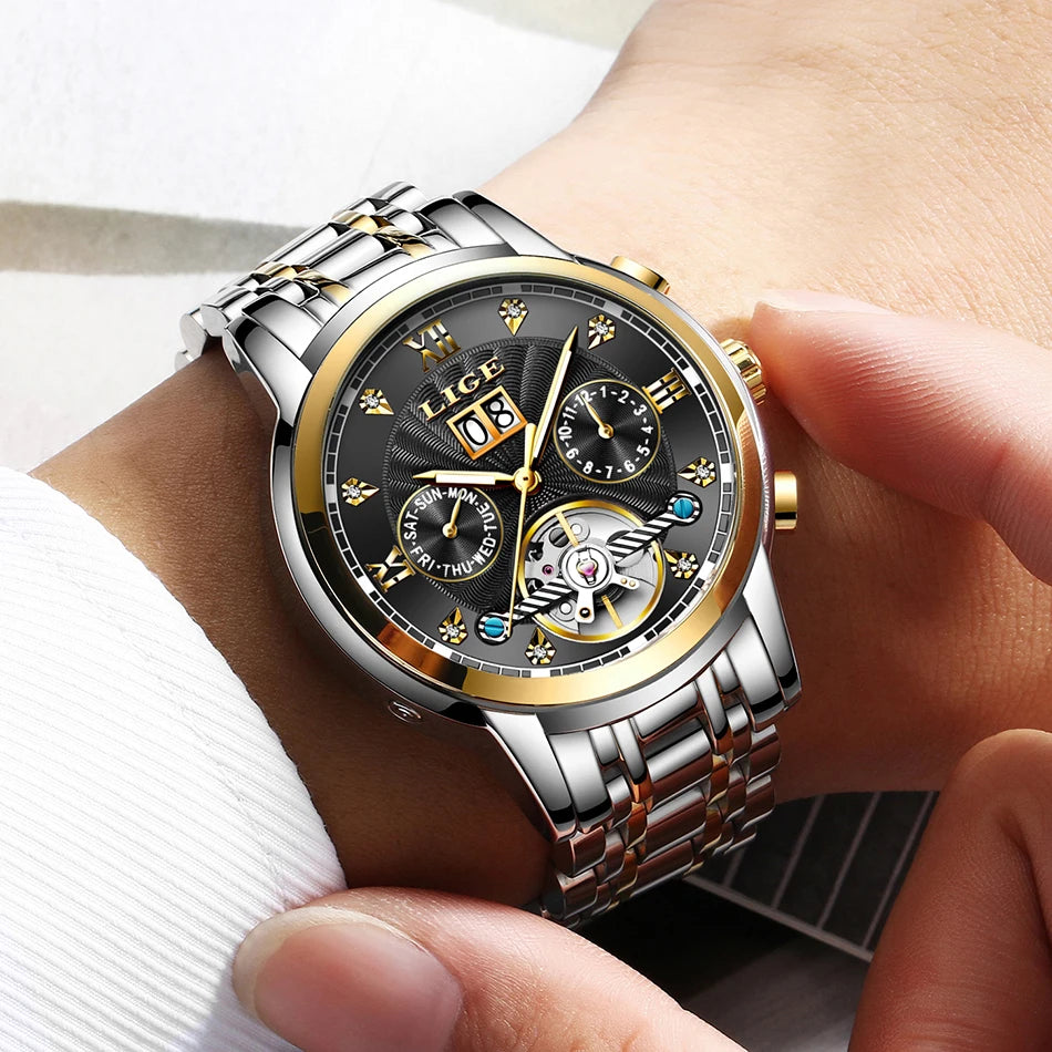 LIGE 2024 Top Brand Luxury Tourbillon Watch Men Fashion Sport Men's Mechanical Wristwatches Casual Waterproof Automatic Watch