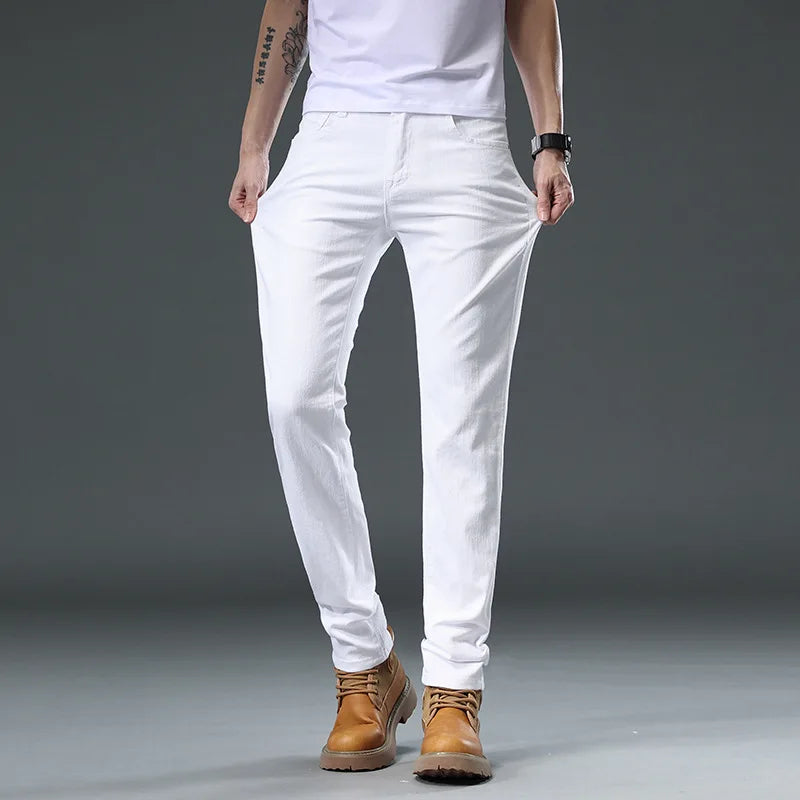 Men's Jean Slim Casual Jeans Pure White Stretch Straight Gentleman's Jeans Long Trousers Classic