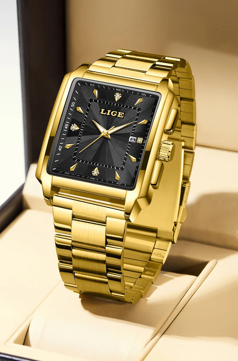 LIGE Gold Watch Men Square Mens Clock Top Brand Luxury Quartz Watches Stainless Steel Waterproof Wristwatch Relogio Masculino