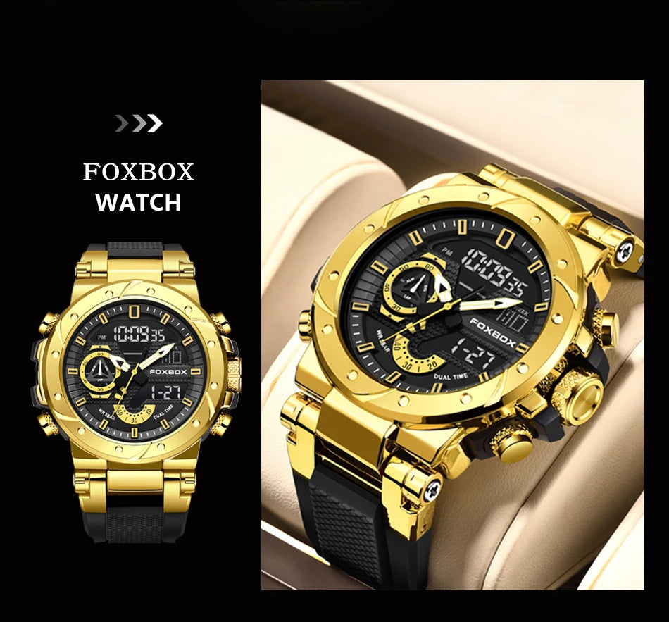 FOXBOX Luxury Military Watches for Men Casual Waterproof Sport Quartz Watch Digital Fashion Dual Display Watch Men Montre Homme