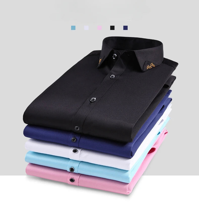 Men's Shirt  Long-sleeved Lite Embroidered Business Shirt Classic Slim Formal Male Brand Dress