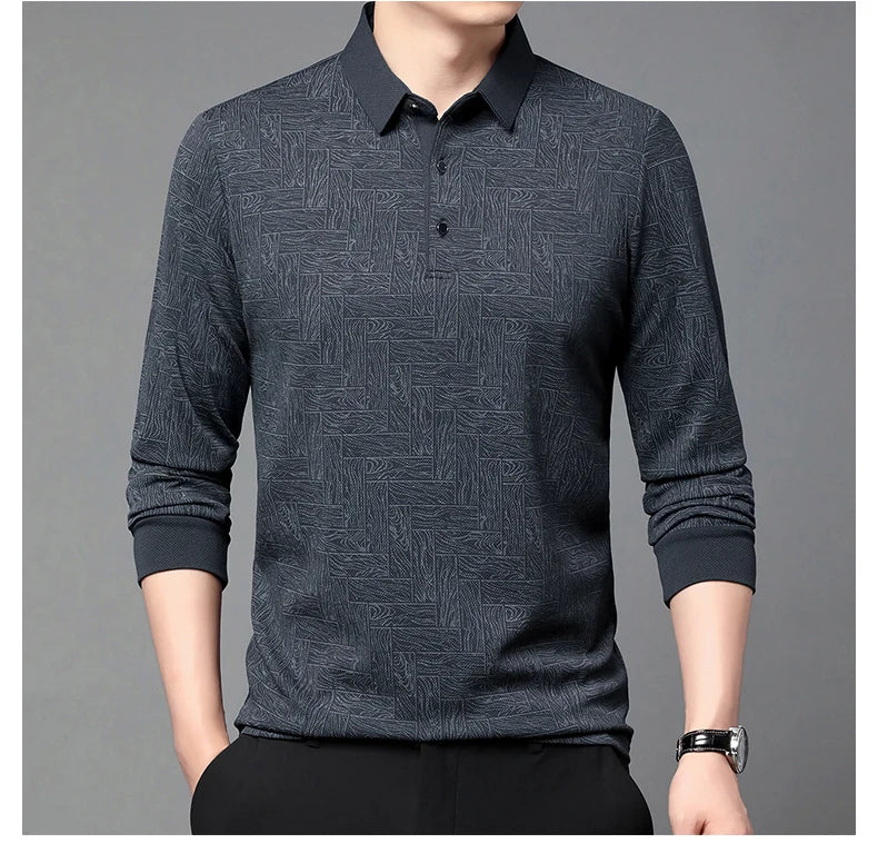 Men's Polo Shirt Hollow Printing Lapel Long-sleeved Business Fashion Male T-Shirt Golf Bottoming Shirt Top